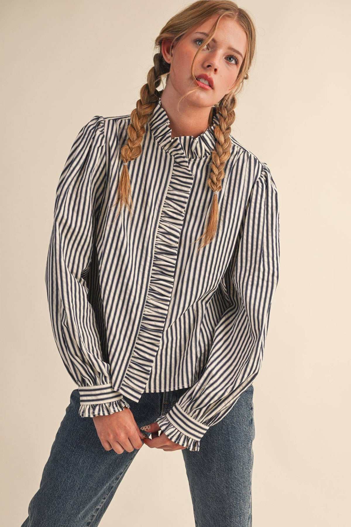 Clara Striped Button Down Top in Black