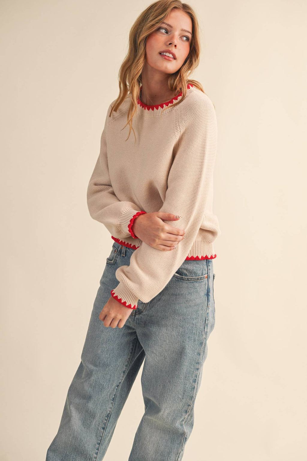 Kennedy Puff Sleeve Sweater in Almond & Red