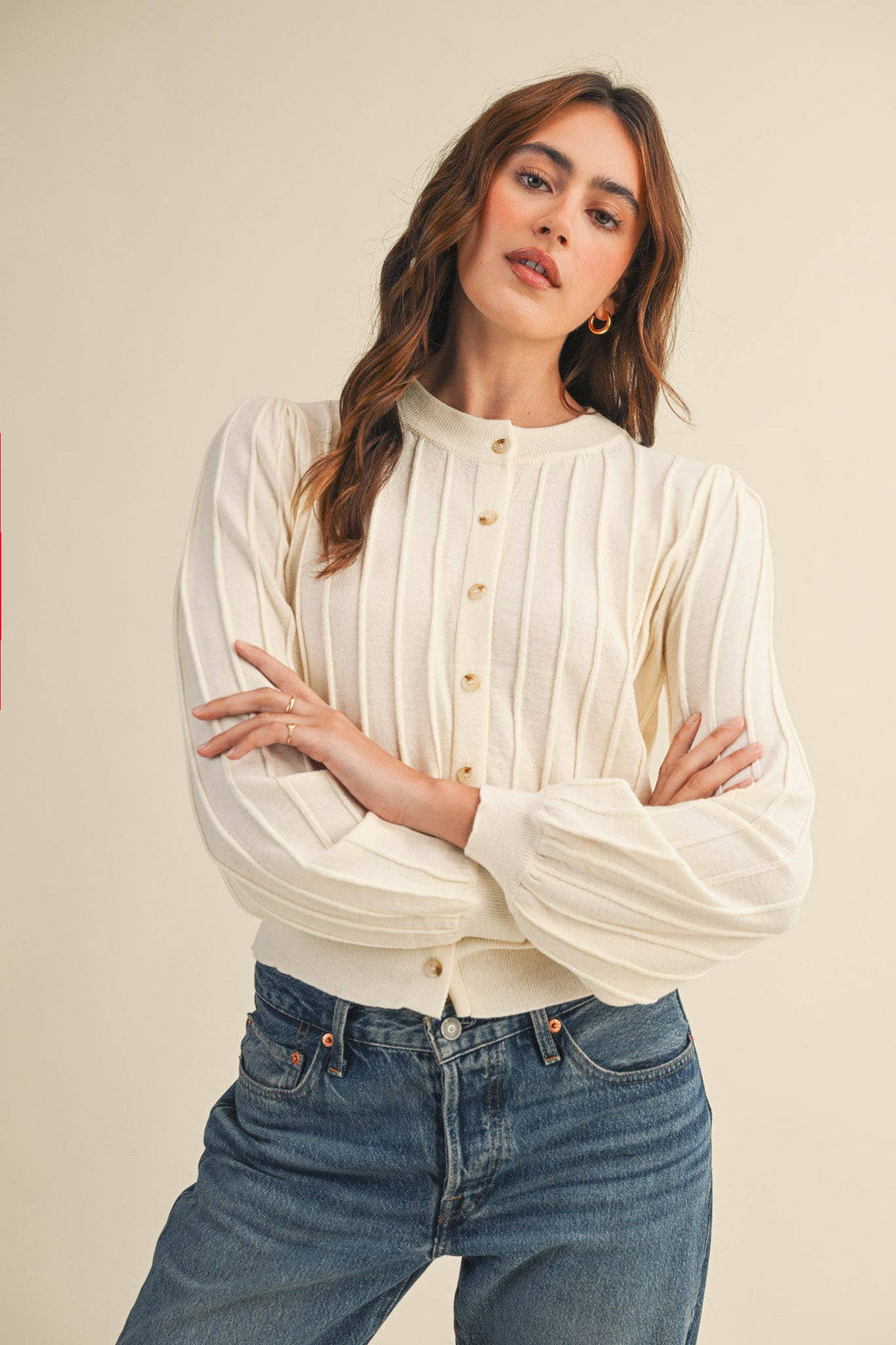 Rowan Ribbed Sweater Cardigan in Ivory