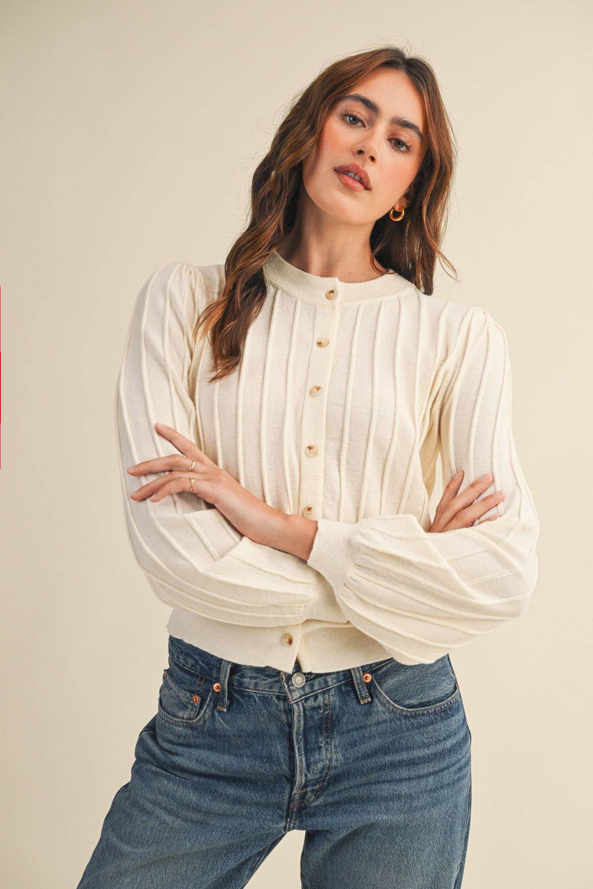 Rowan Ribbed Sweater Cardigan in Ivory