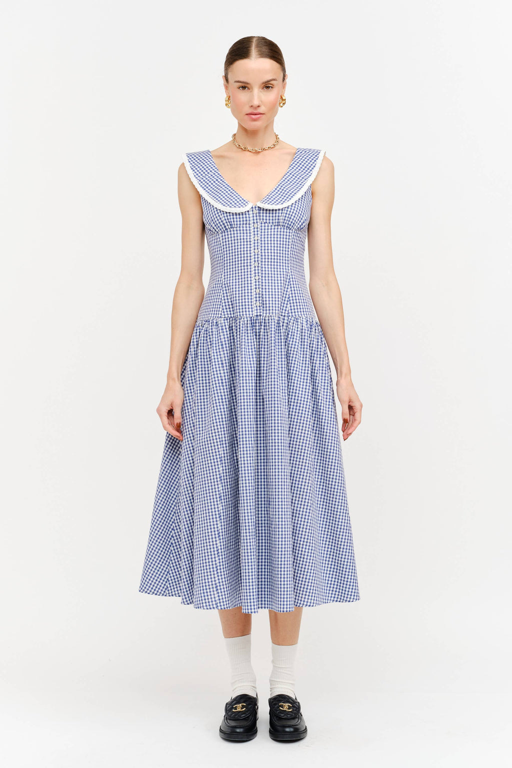 Camie Collared Midi Dress in Blue Gingham