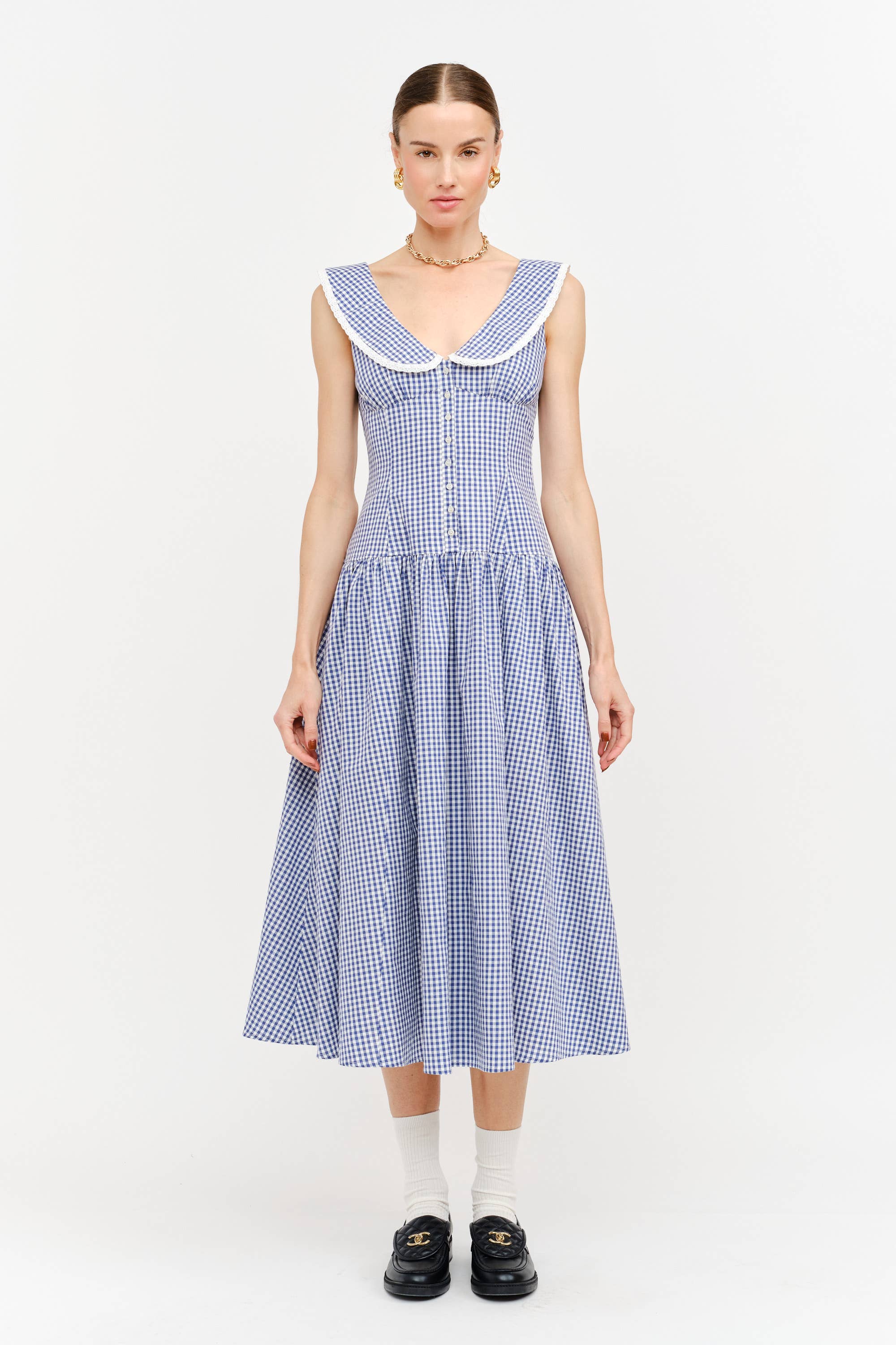Camie Collared Midi Dress in Blue Gingham