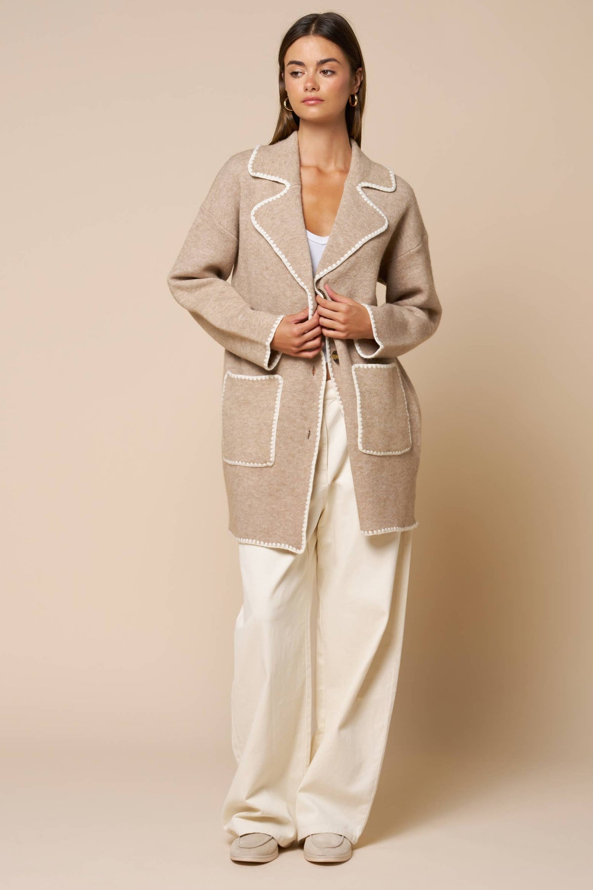 Catherine Button Front Coat in Sand with White Contrast Trim