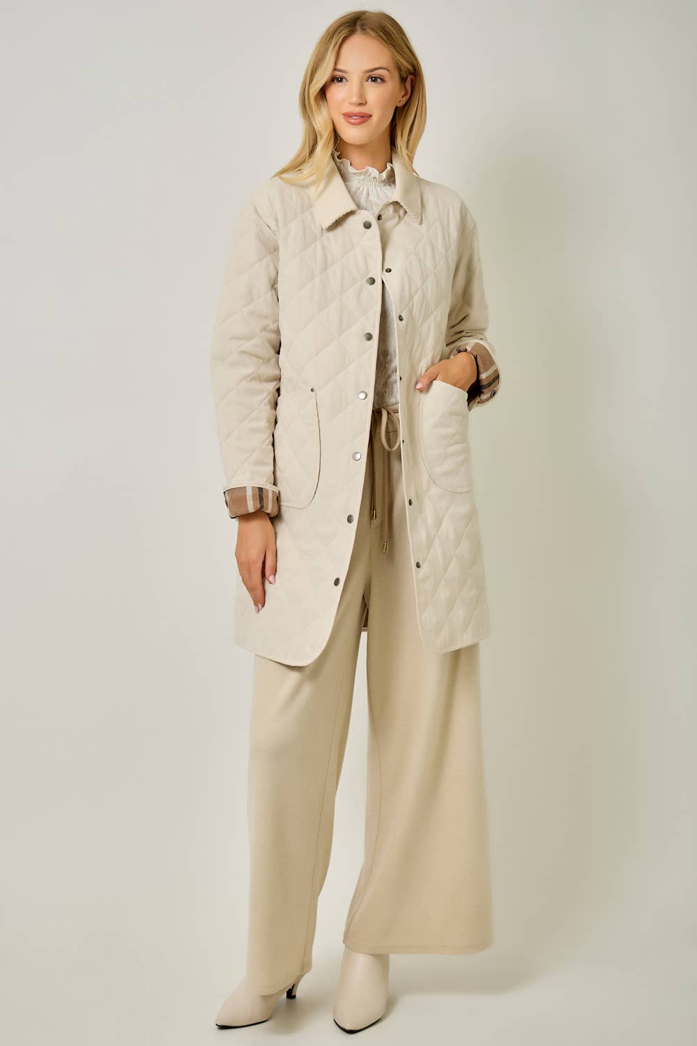Maddie Quilted Long Jacket in Ivory