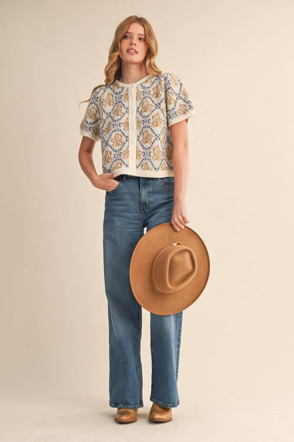 Kiki Floral Short Sleeve Cardigan Sweater in Ivory & Blue