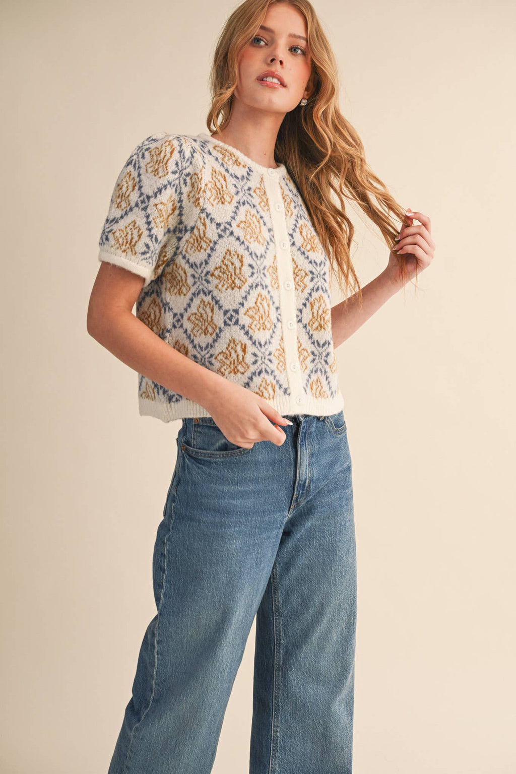 Kiki Floral Short Sleeve Cardigan Sweater in Ivory & Blue