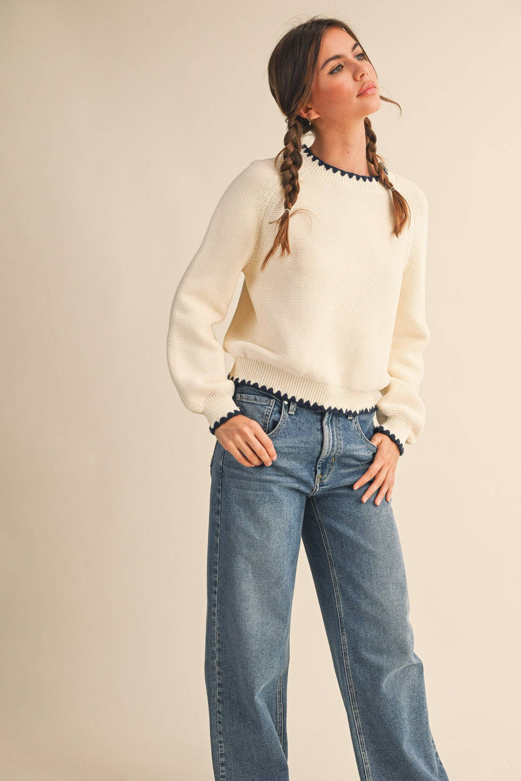 Kennedy Puff Sleeve Sweater in Ivory & Navy