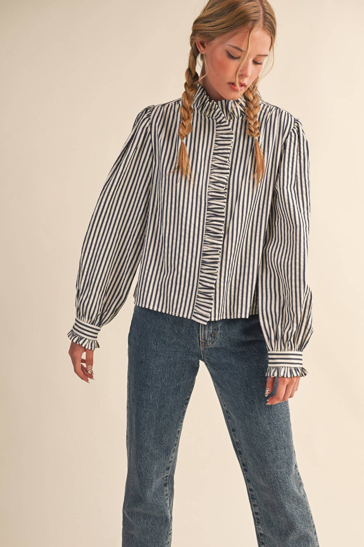 Clara Striped Button Down Top in Black