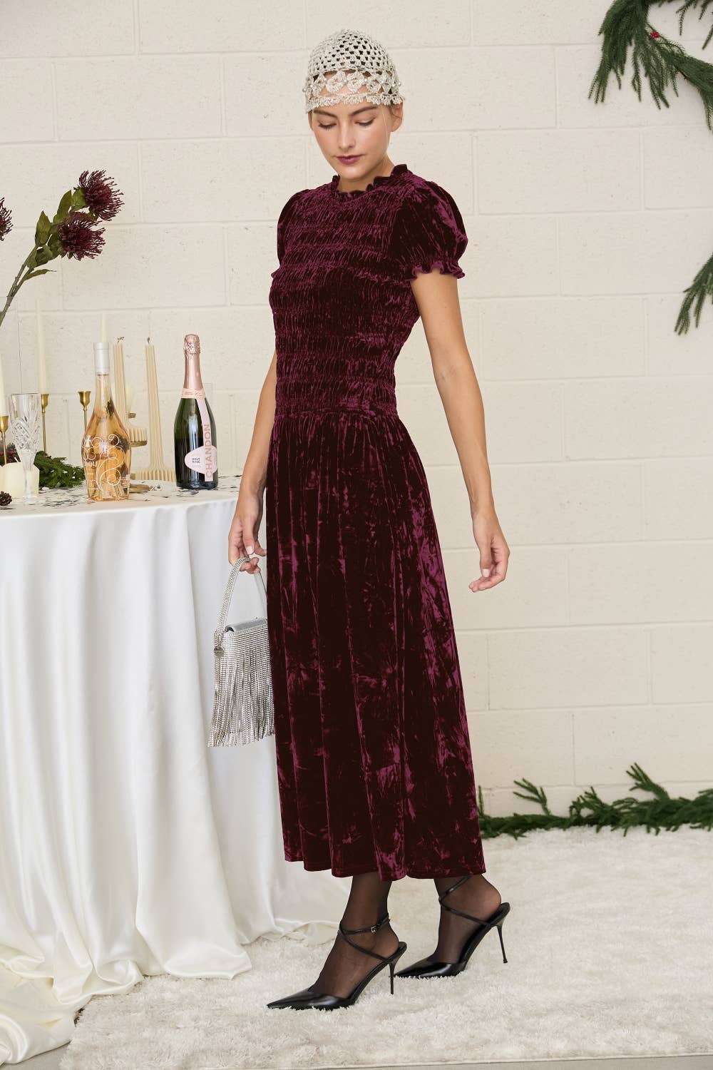 Emily Smocked Velvet Puff Sleeve Midi Dress in Wine