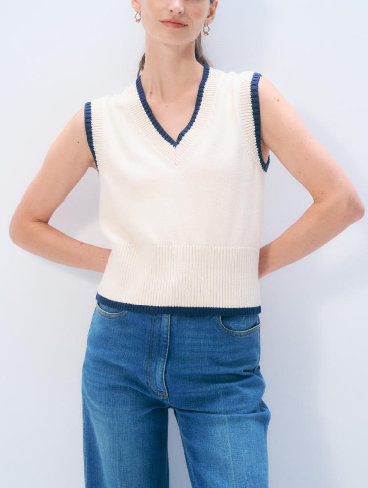 White + Warren Cotton Varsity Sweater Vest in White & Navy