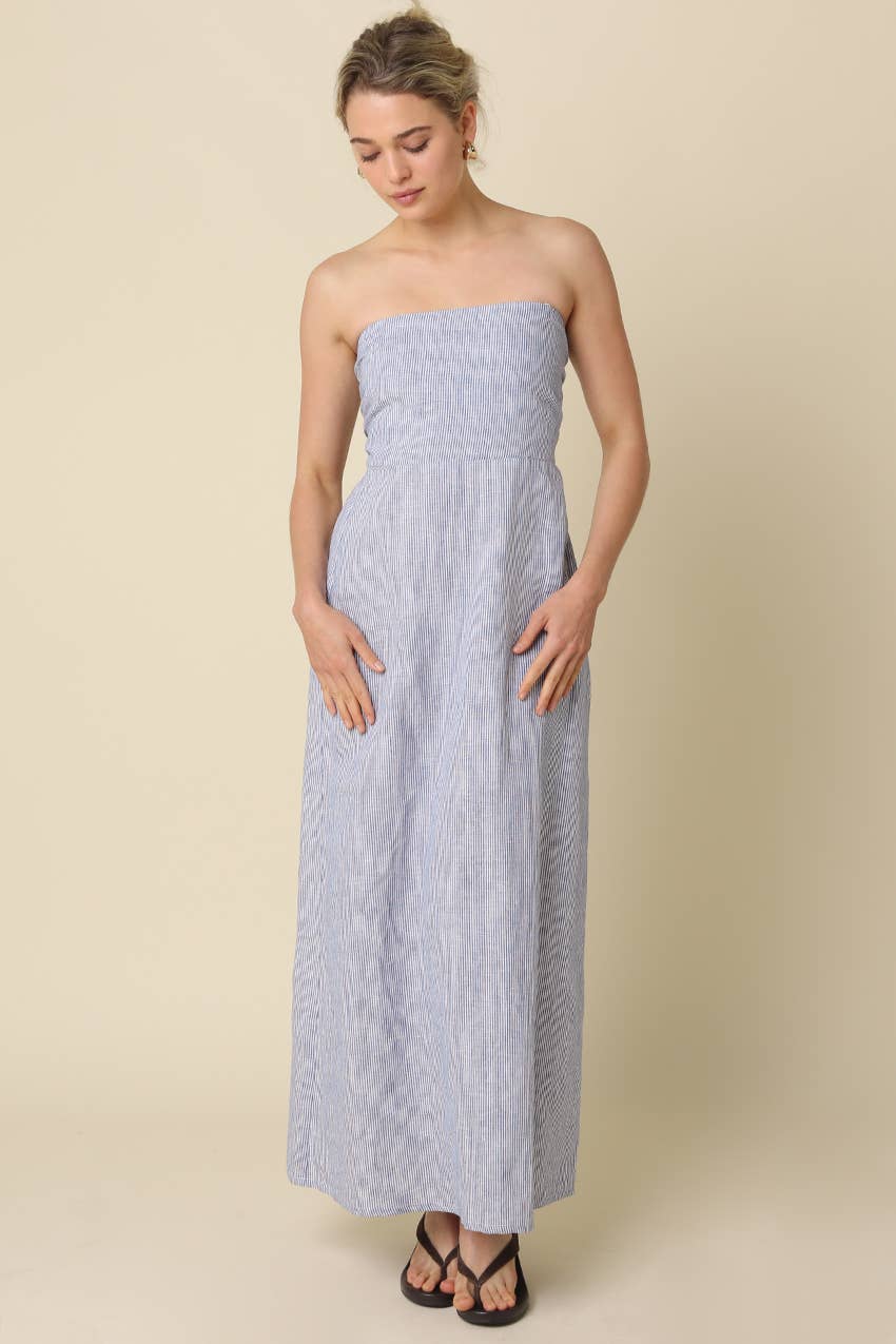 Samantha Strapless Linen Dress in Blue Stripe