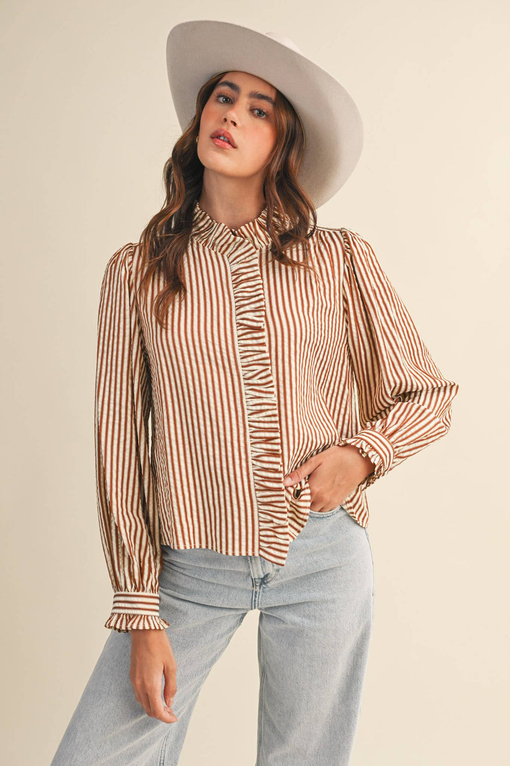 Clara Striped Button Down Top in Pecan Brown