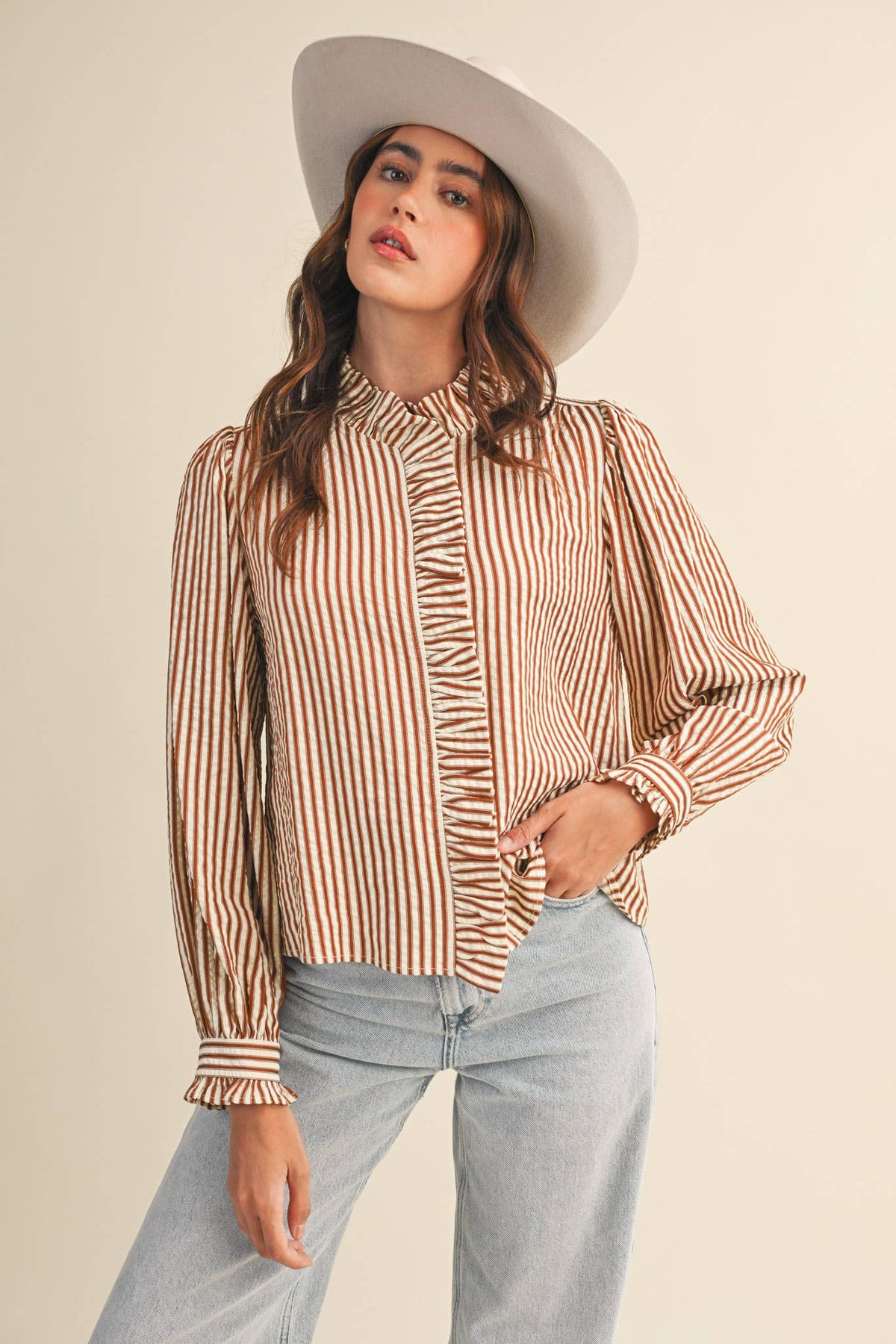 Clara Striped Button Down Top in Pecan Brown