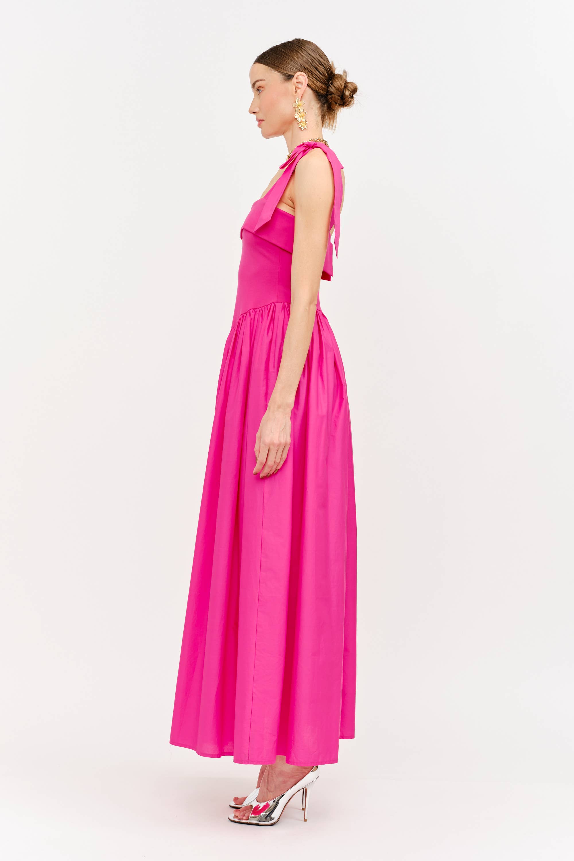Clara Shoulder Tie Dress in Hot Pink