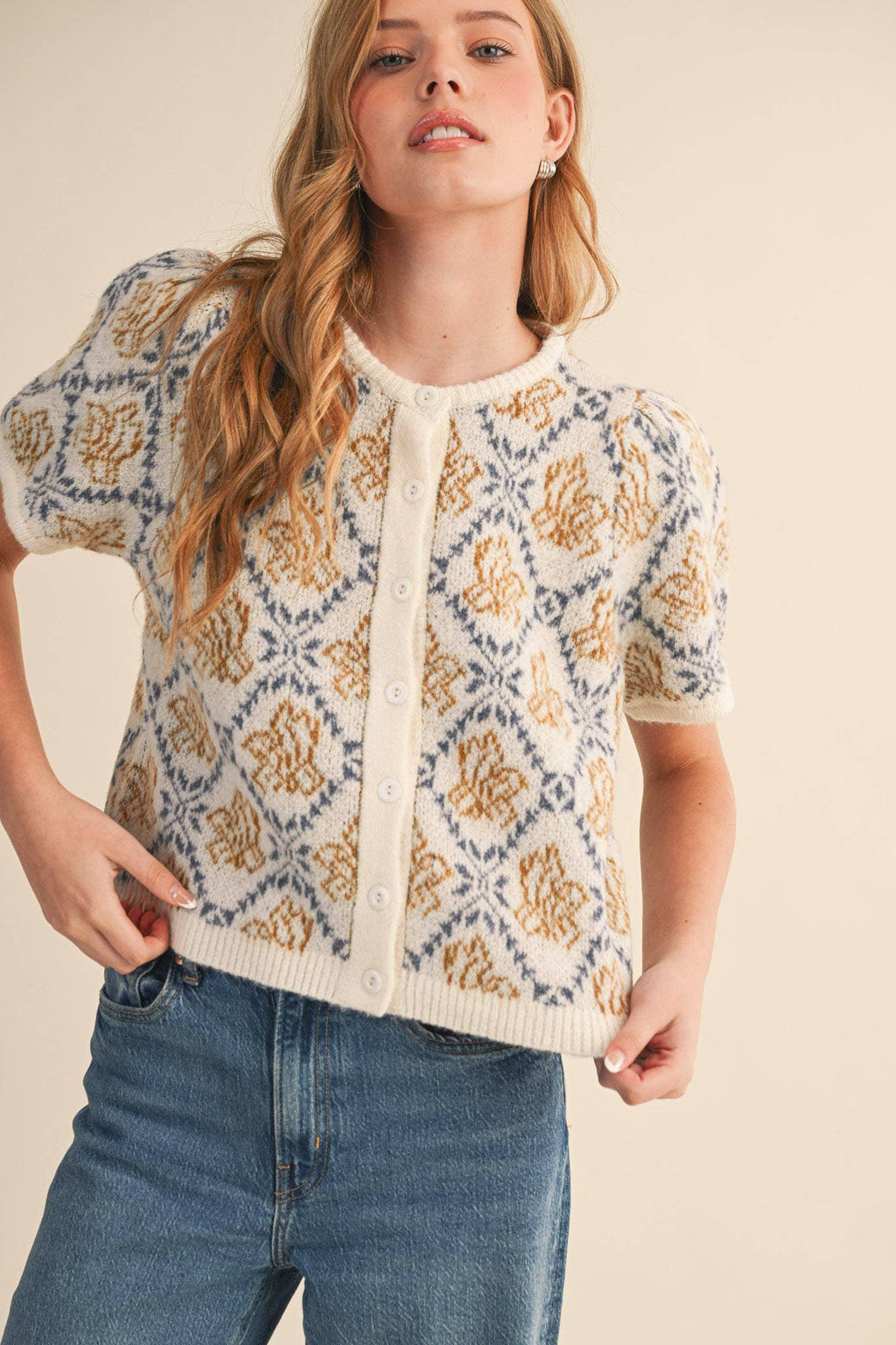Kiki Floral Short Sleeve Cardigan Sweater in Ivory & Blue