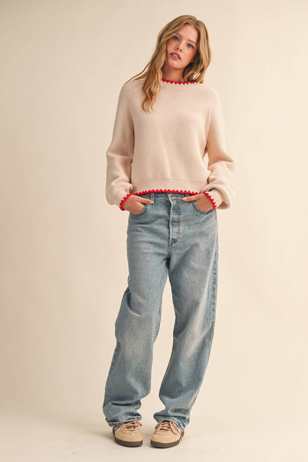 Kennedy Puff Sleeve Sweater in Almond & Red