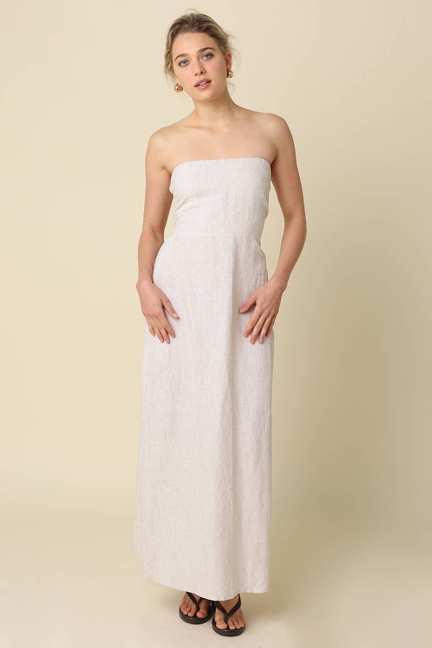 Samantha Strapless Linen Dress in Sand Stripe