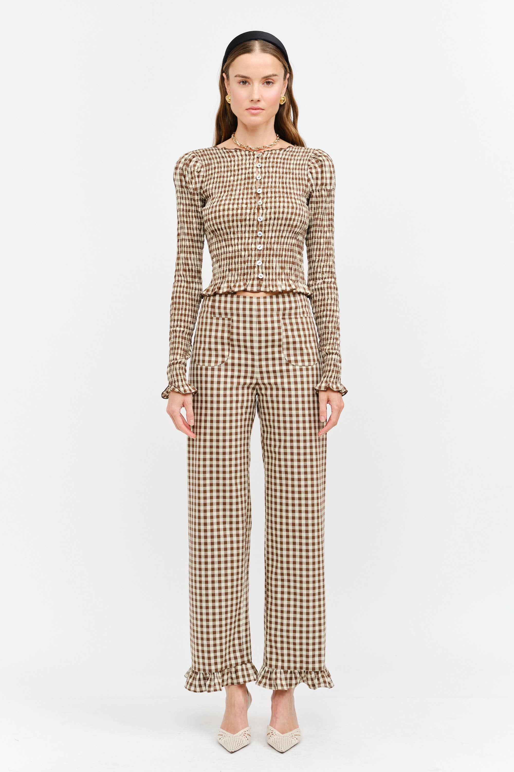Gracie Gingham Pant with Ruffle Hem in Brown