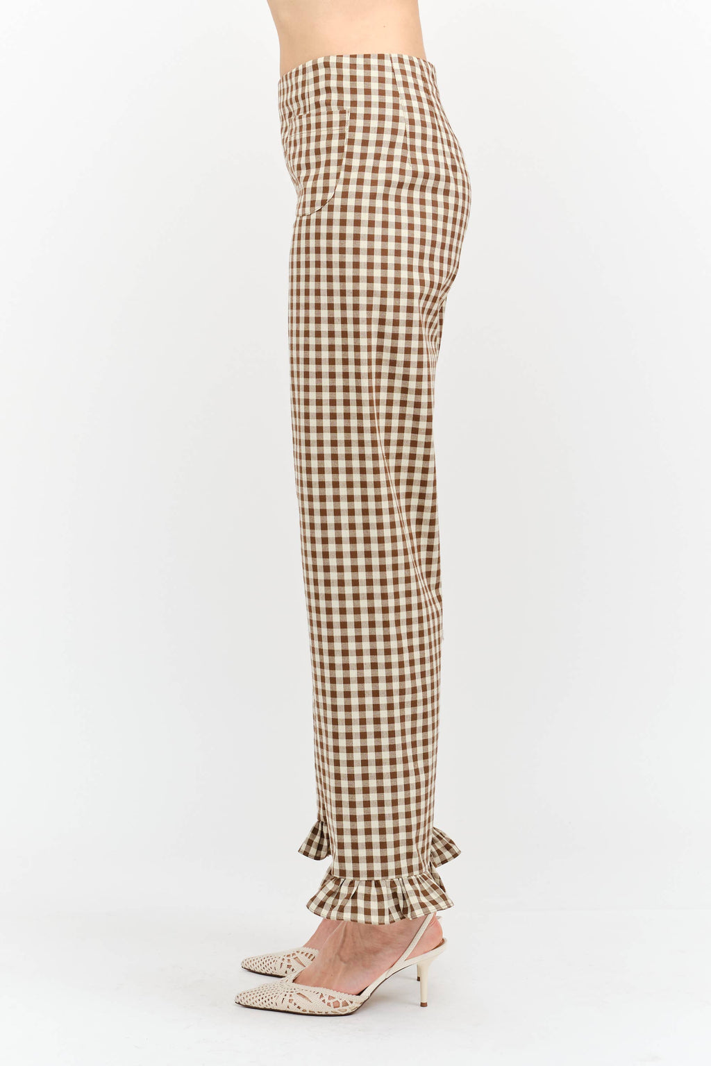 Gracie Gingham Pant with Ruffle Hem in Brown
