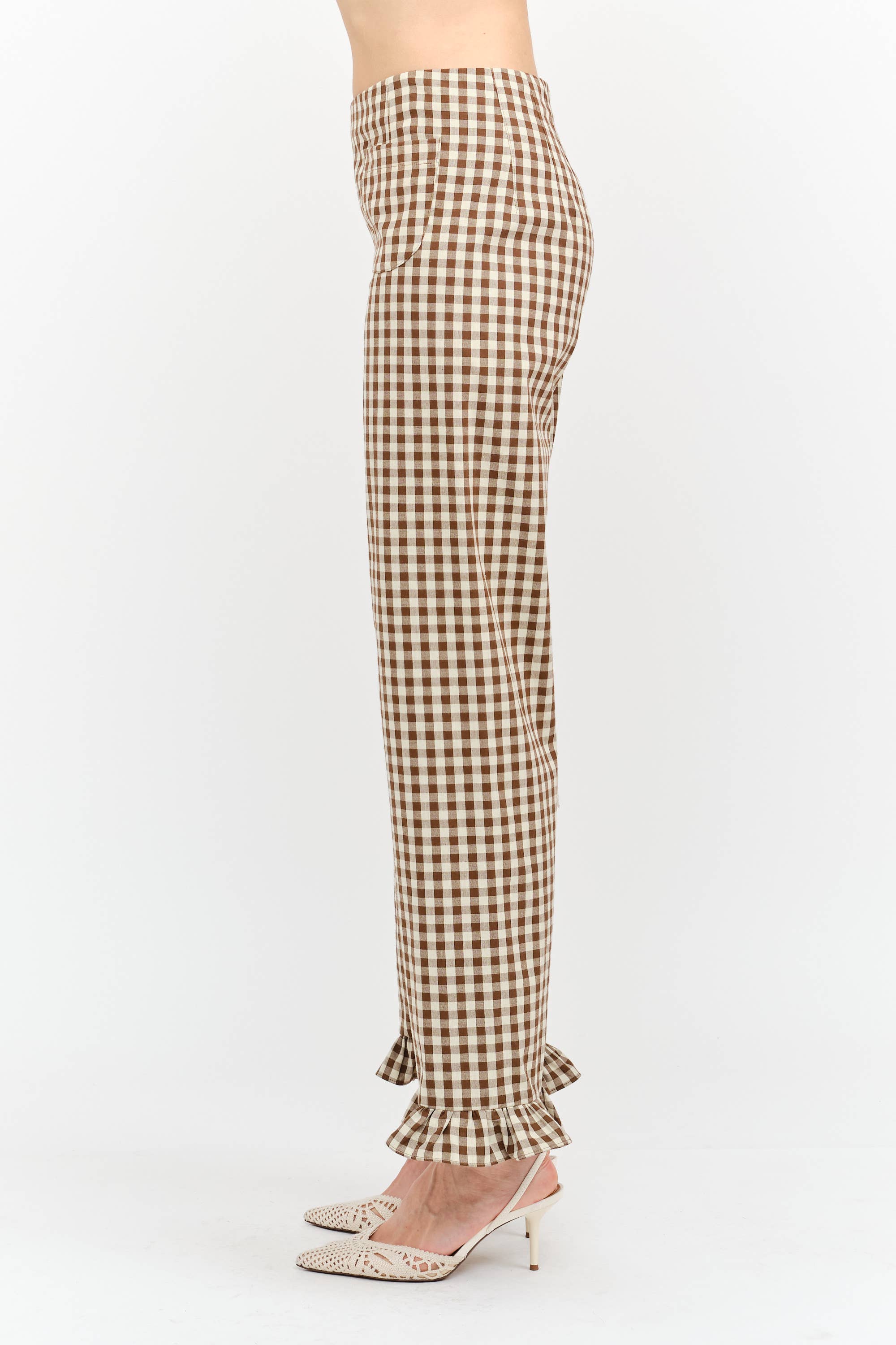 Gracie Gingham Pant with Ruffle Hem in Brown
