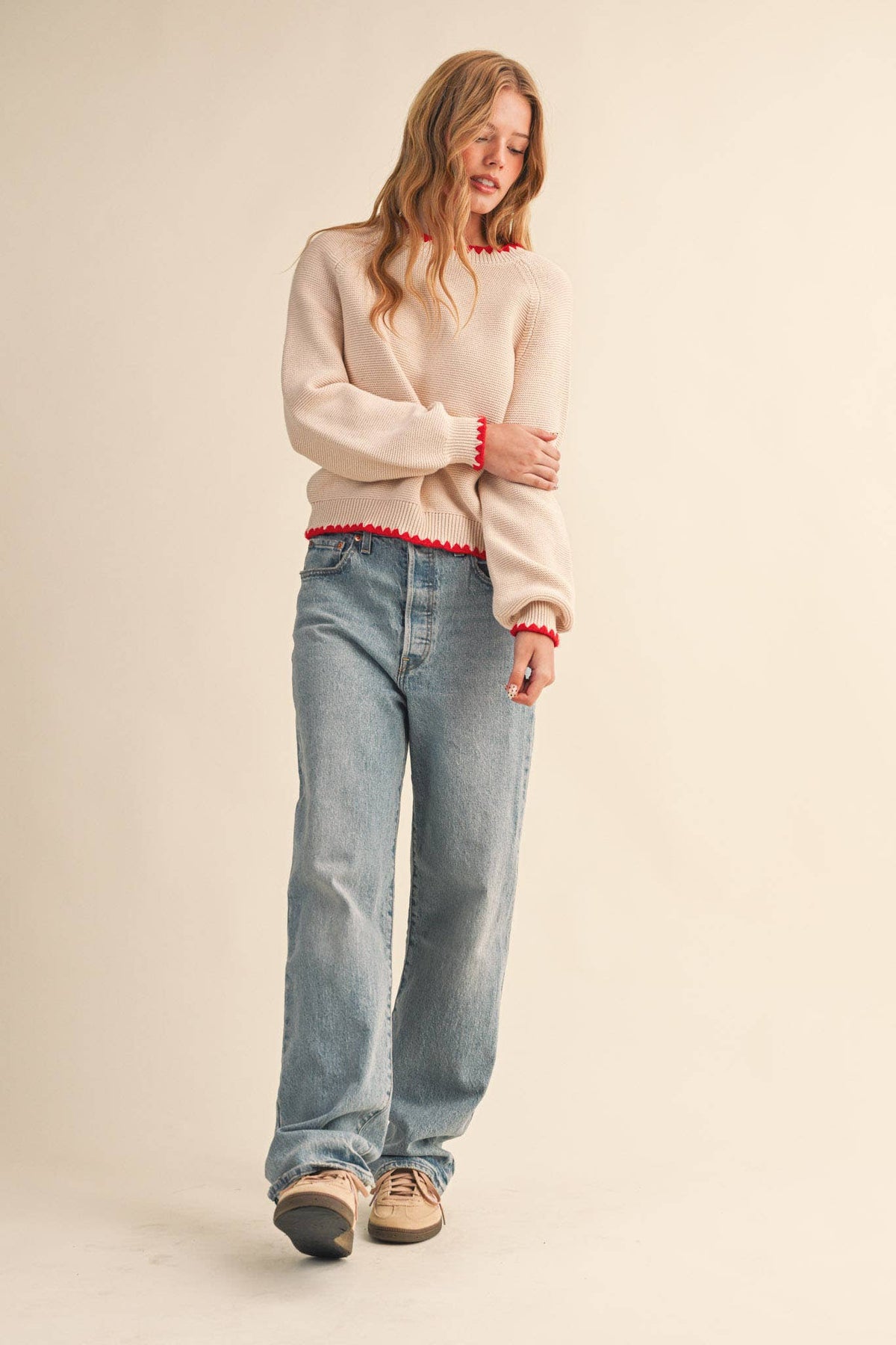 Kennedy Puff Sleeve Sweater in Almond & Red