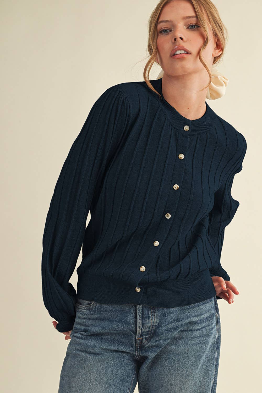 Rowan Ribbed Sweater Cardigan in Navy Blue