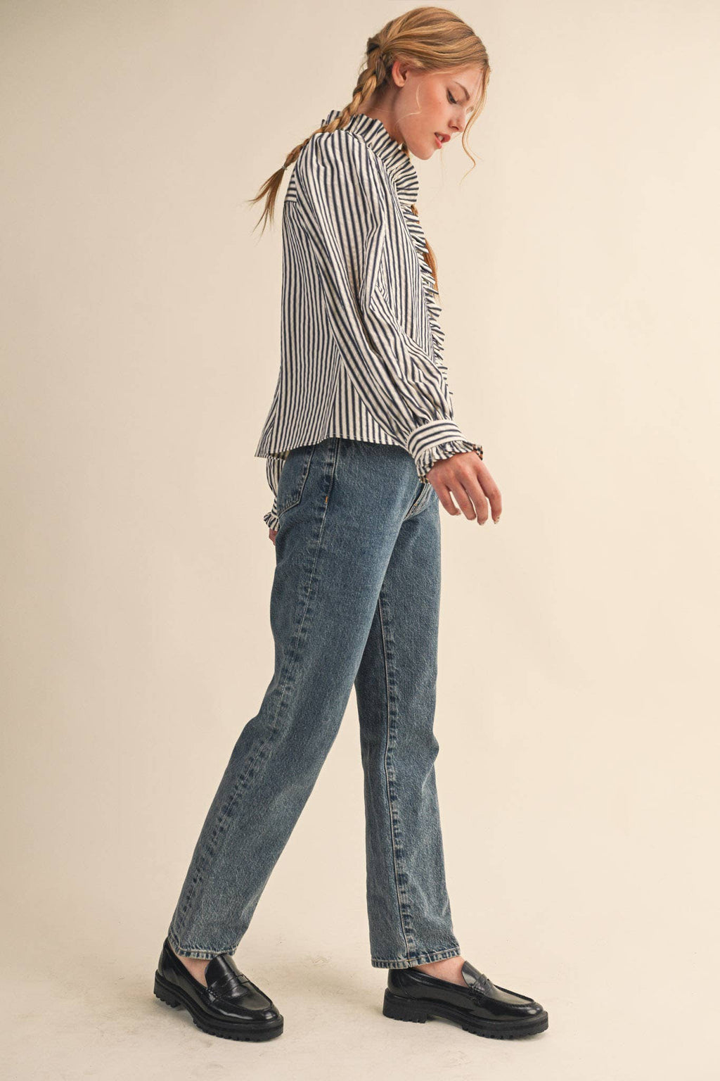 Clara Striped Button Down Top in Black
