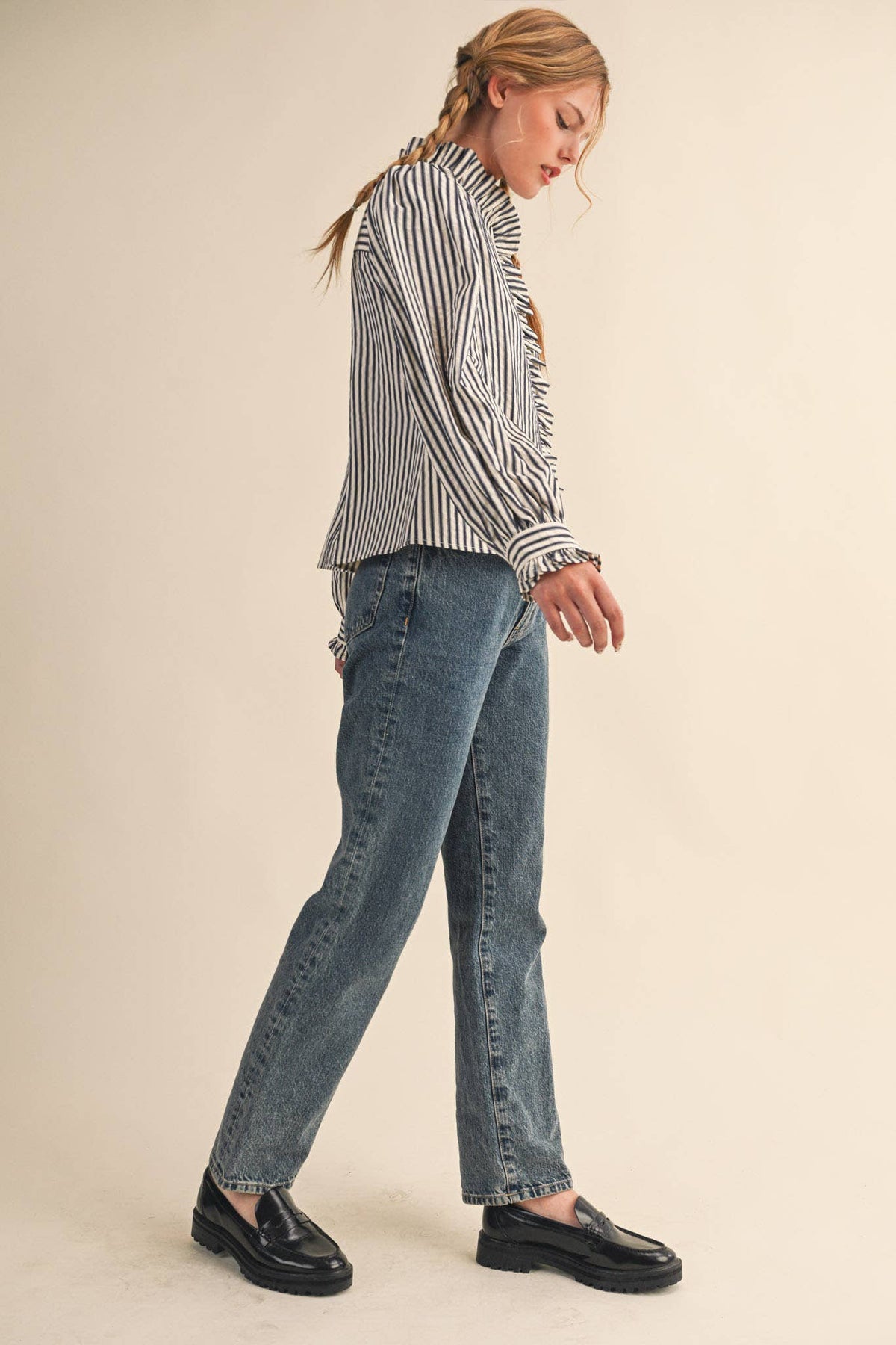Clara Striped Button Down Top in Black