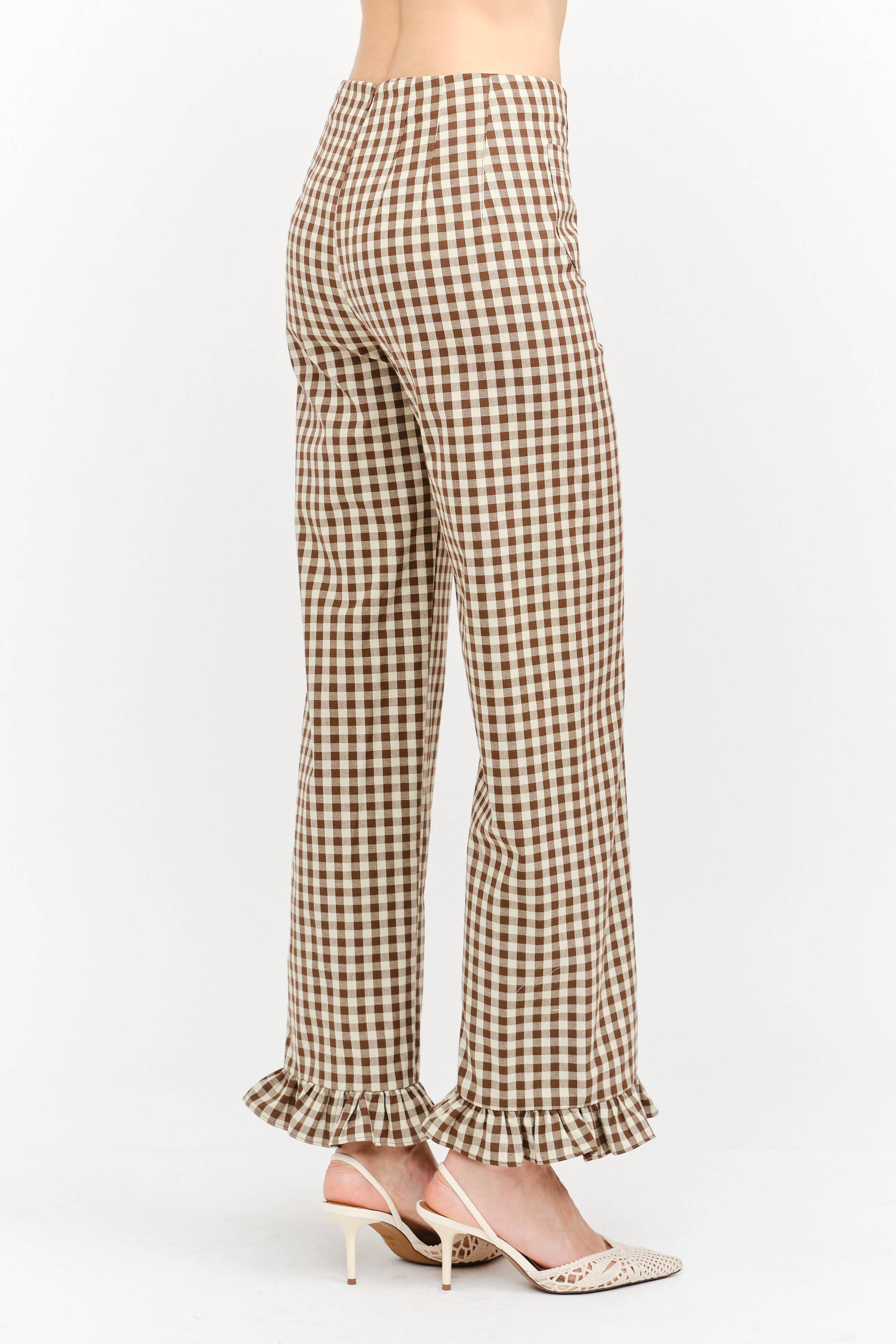 Gracie Gingham Pant with Ruffle Hem in Brown