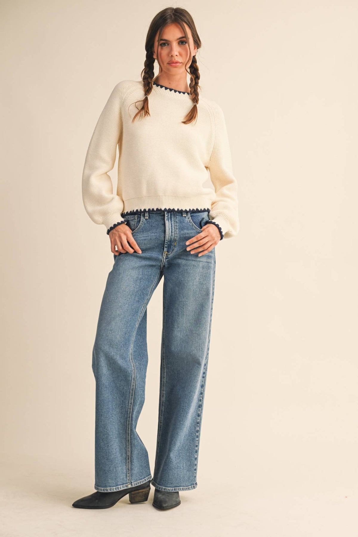 Kennedy Puff Sleeve Sweater in Ivory & Navy