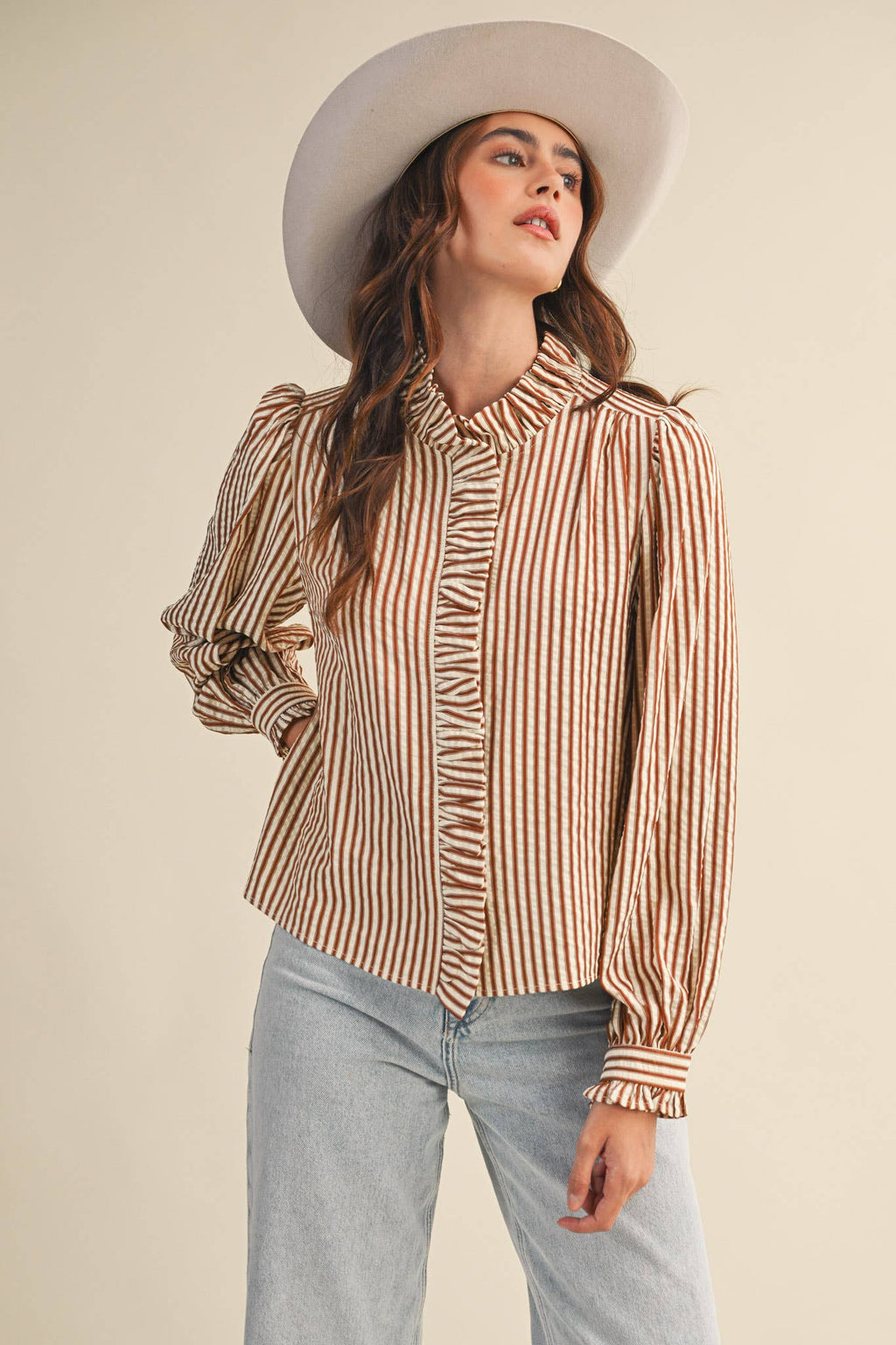 Clara Striped Button Down Top in Pecan Brown