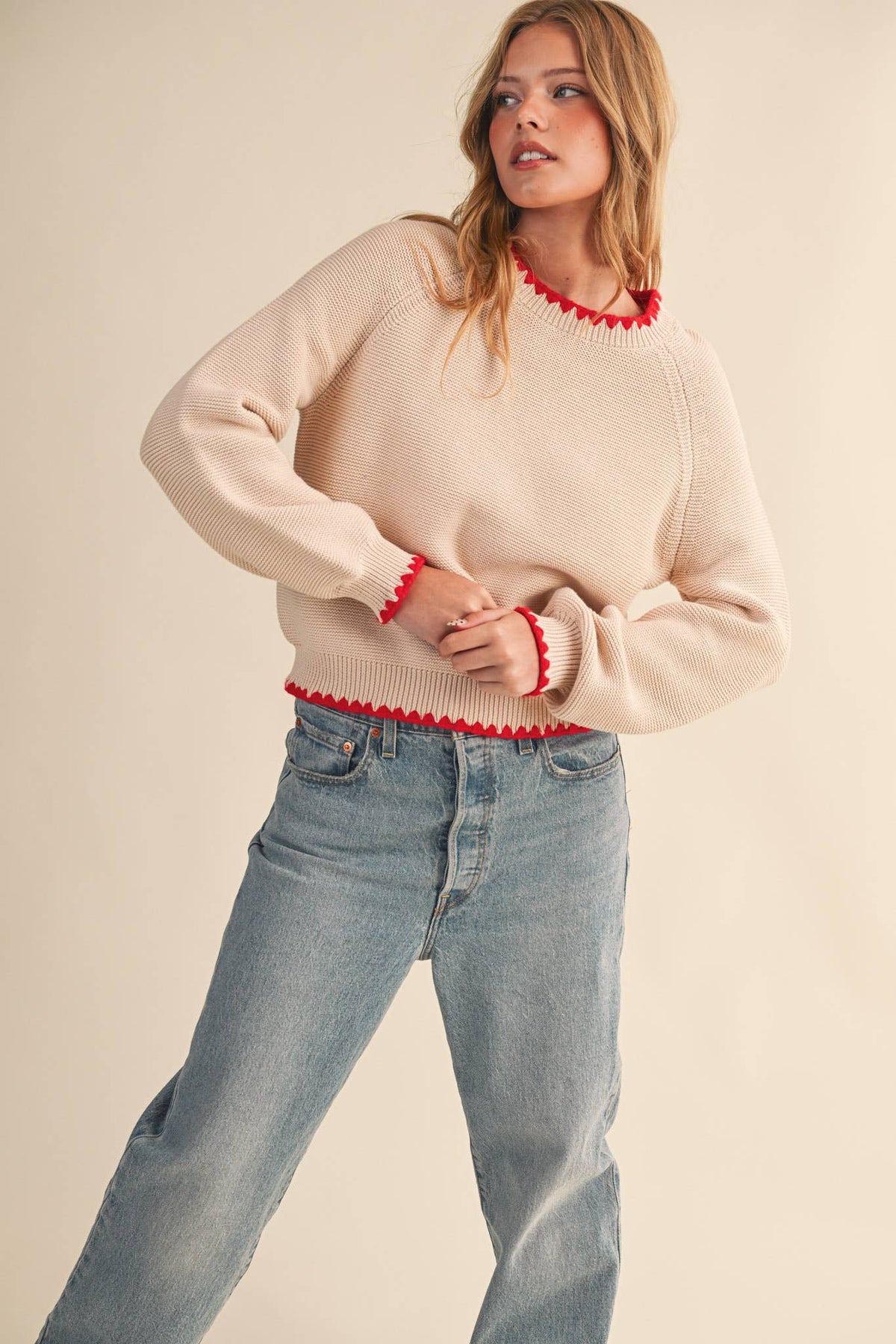 Kennedy Puff Sleeve Sweater in Almond & Red
