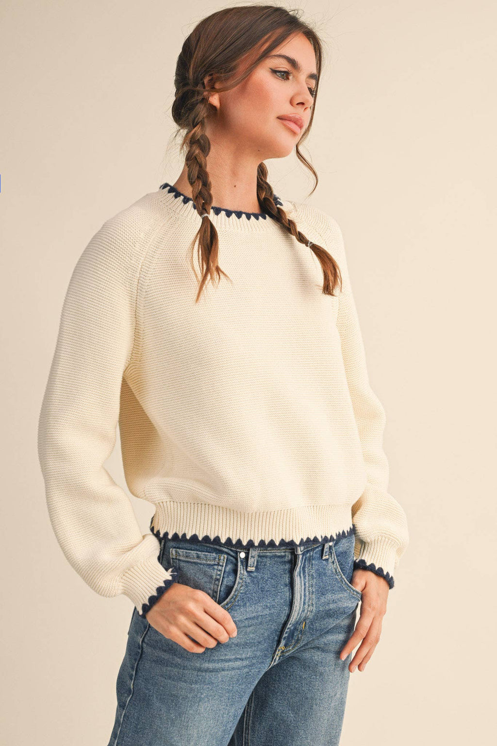 Kennedy Puff Sleeve Sweater in Ivory & Navy