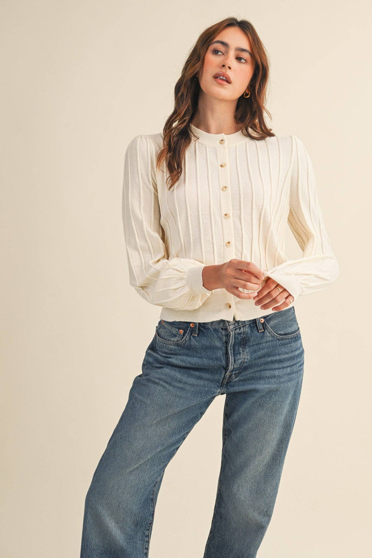 Rowan Ribbed Sweater Cardigan in Ivory