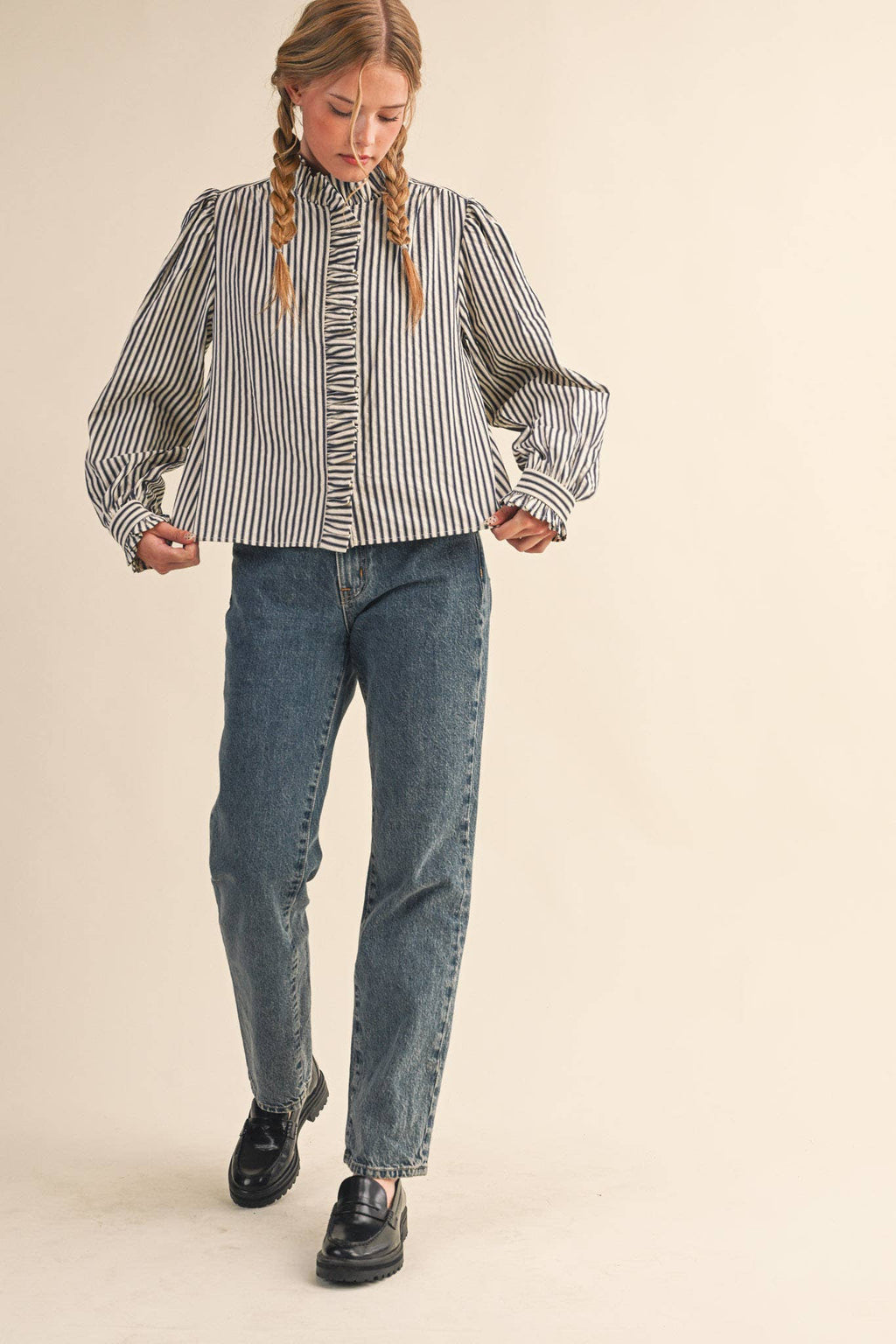 Clara Striped Button Down Top in Black