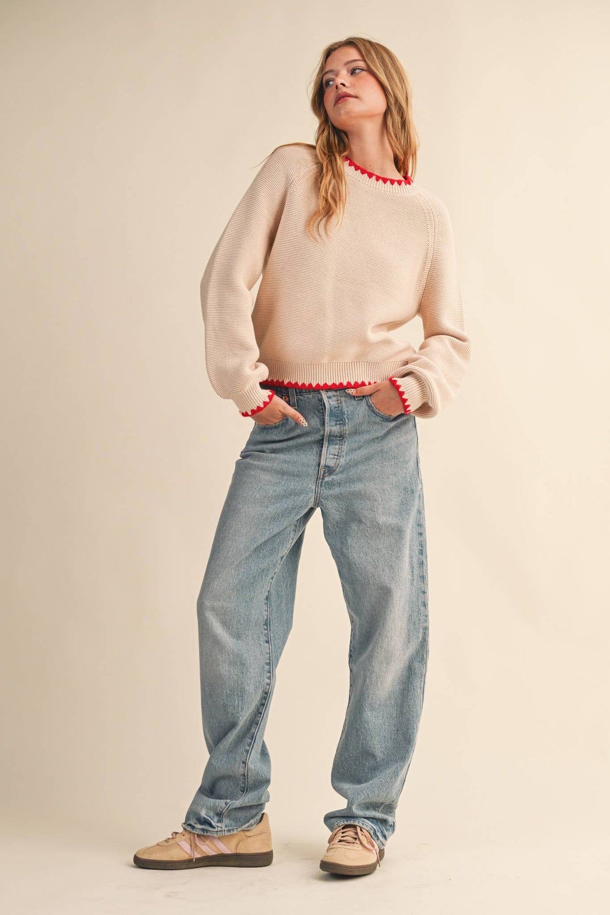 Kennedy Puff Sleeve Sweater in Almond & Red