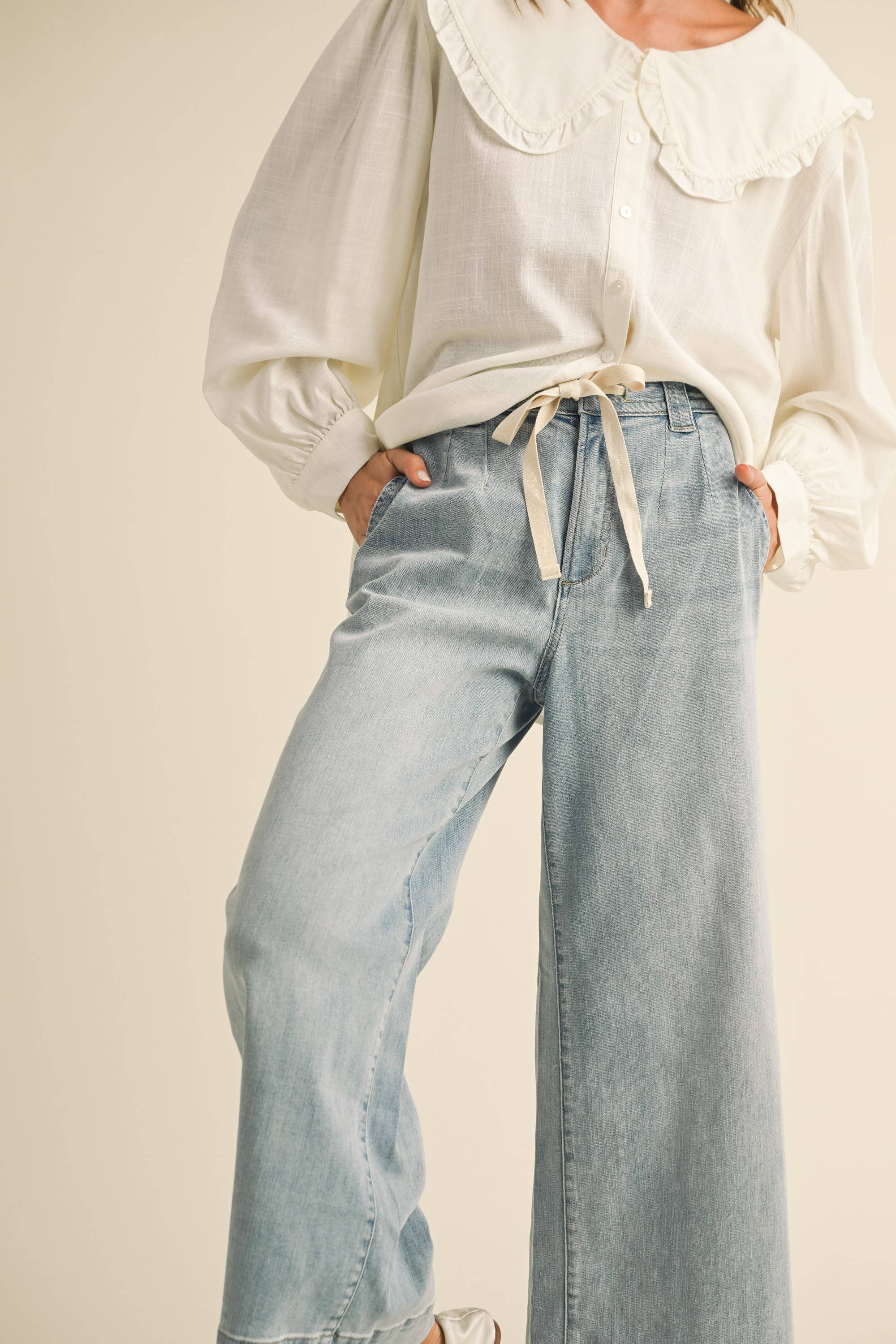 Lola Washed Denim Tie Front Pants