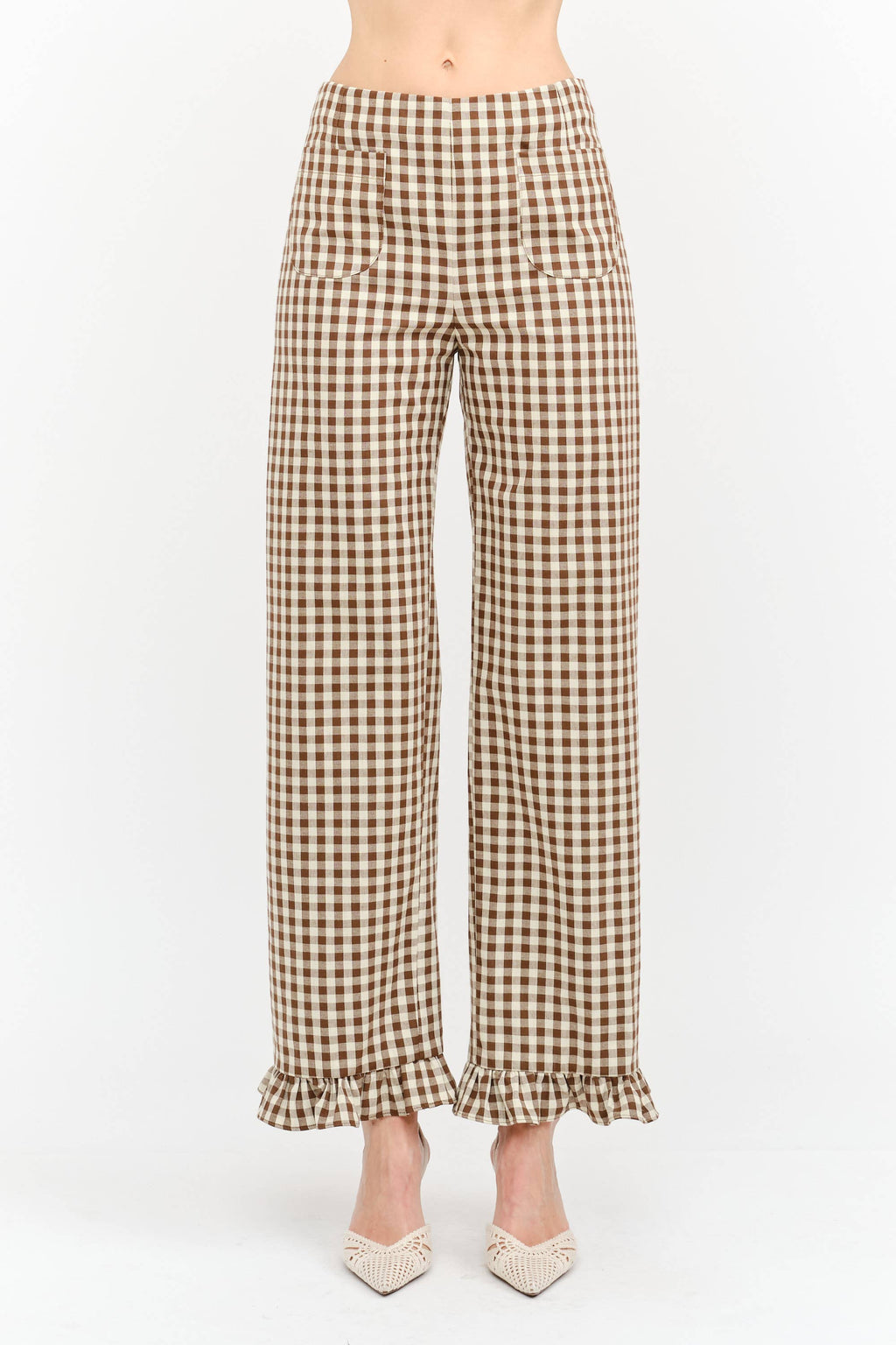 Gracie Gingham Pant with Ruffle Hem in Brown