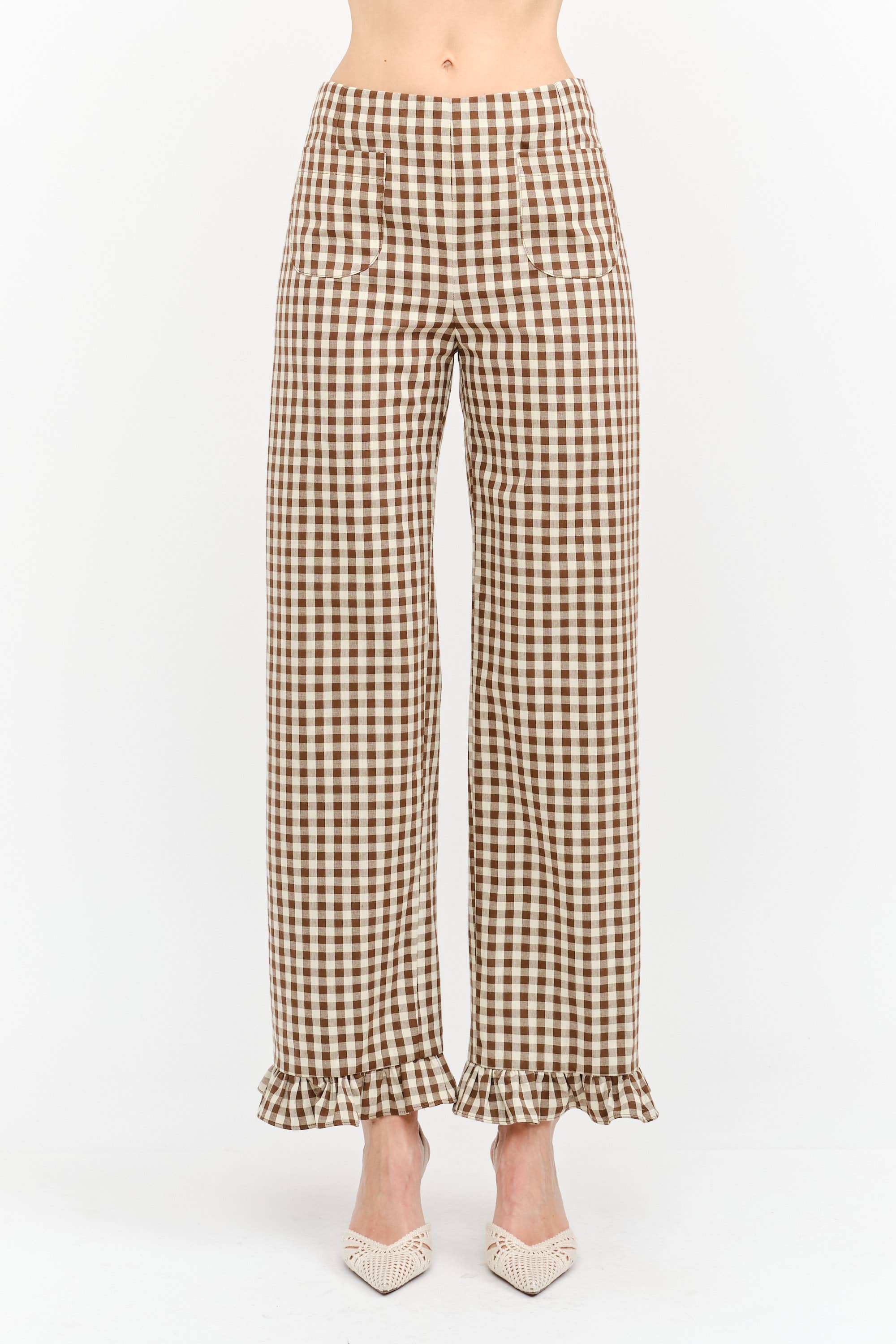Gracie Gingham Pant with Ruffle Hem in Brown