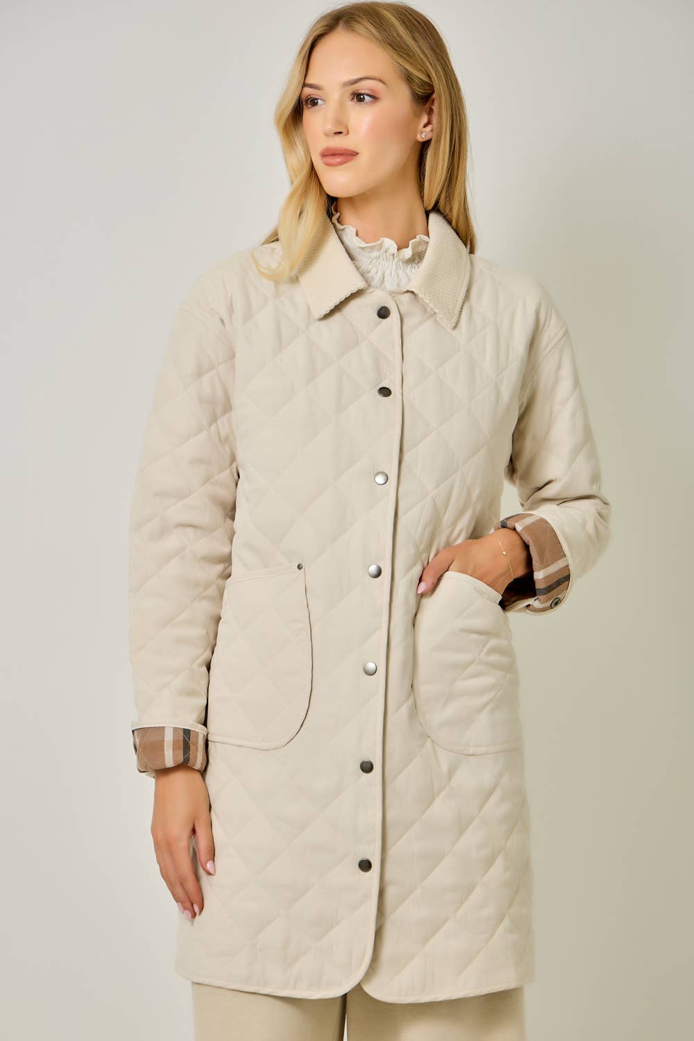 Maddie Quilted Long Jacket in Ivory