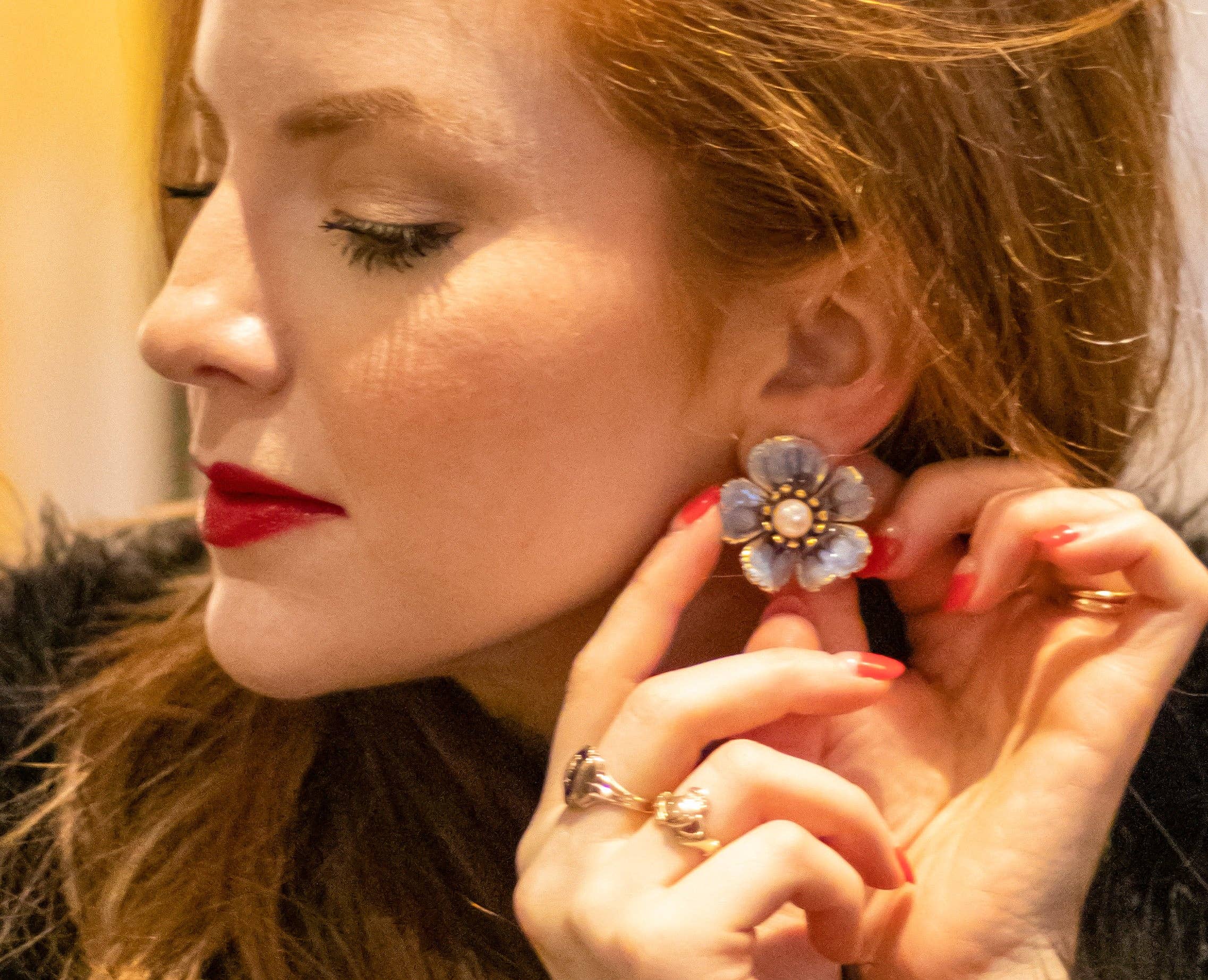 The Pink Reef Hand-painted Small in Blue Pearl Earrings