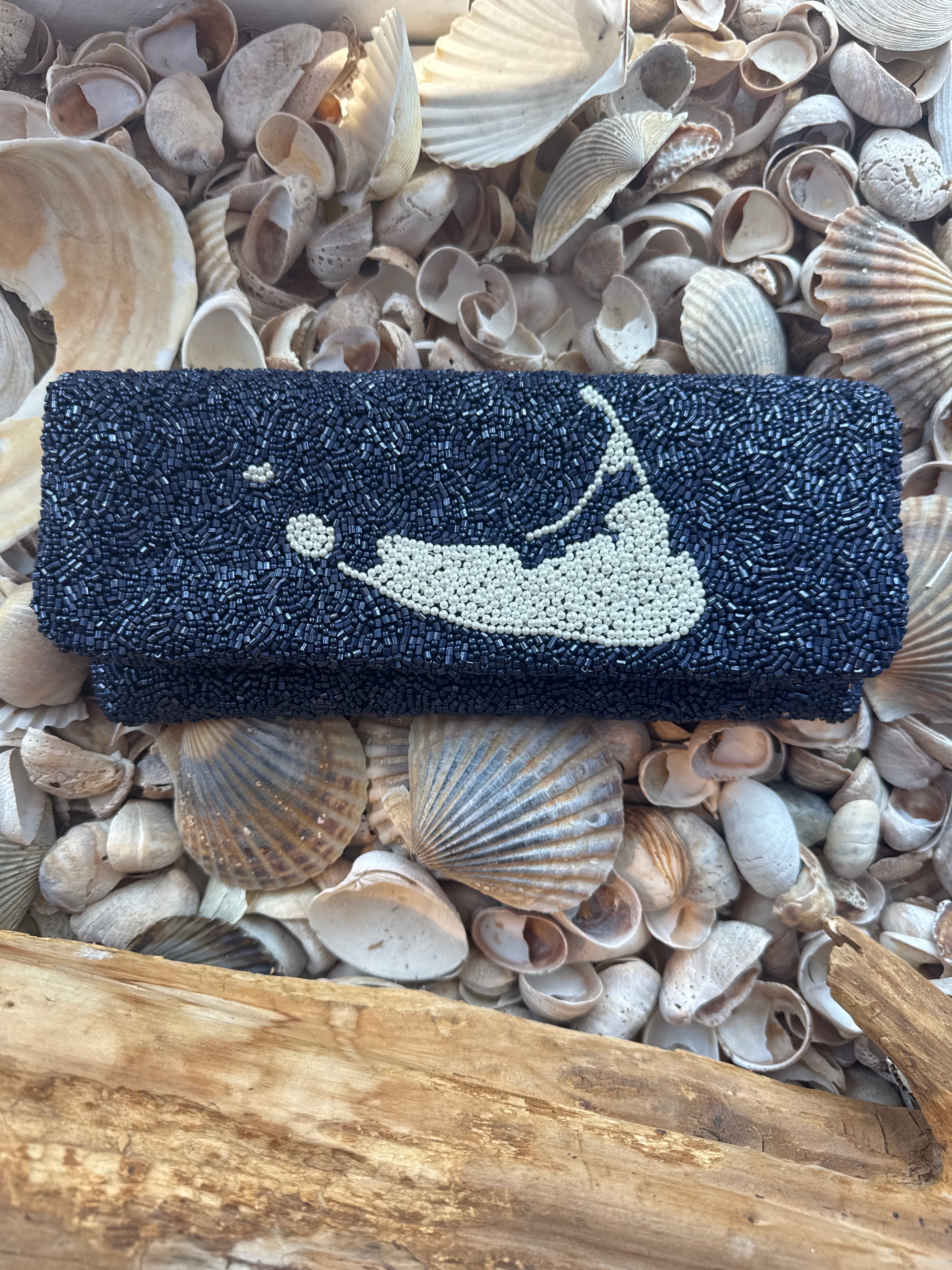 Navy & Pearl Nantucket Island Beaded Clutch
