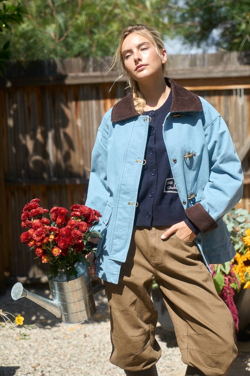 Tara Corduroy Collar Utility Jacket in Slate Blue