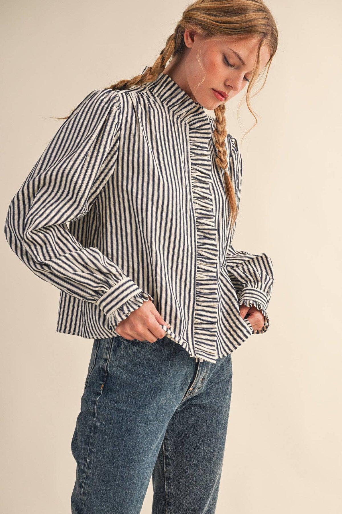 Clara Striped Button Down Top in Black