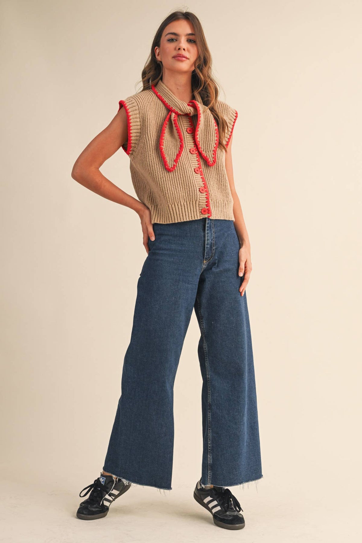 Charlie Knit Top in Tan and Red with Neck Tie
