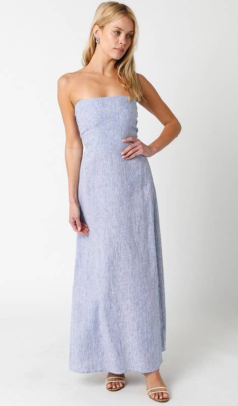 Samantha Strapless Linen Dress in Blue Stripe