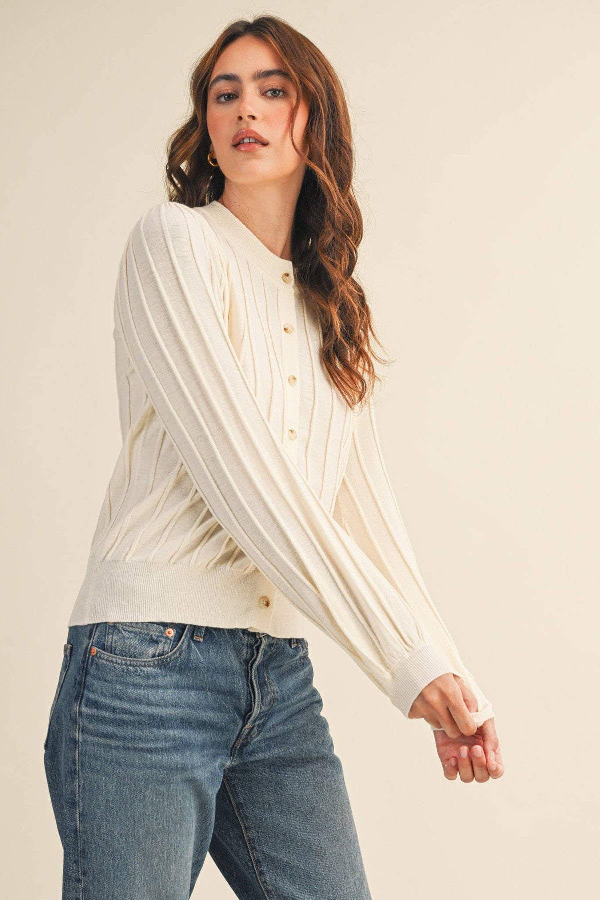 Rowan Ribbed Sweater Cardigan in Ivory