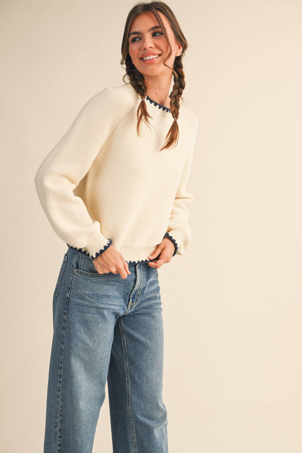 Kennedy Puff Sleeve Sweater in Ivory & Navy