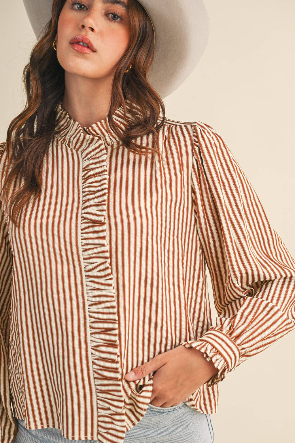 Clara Striped Button Down Top in Pecan Brown