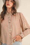 Clara Striped Button Down Top in Pecan Brown